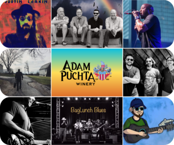 Collage of musicians and promotional images for upcoming live music events at Adam Puchta Winery
